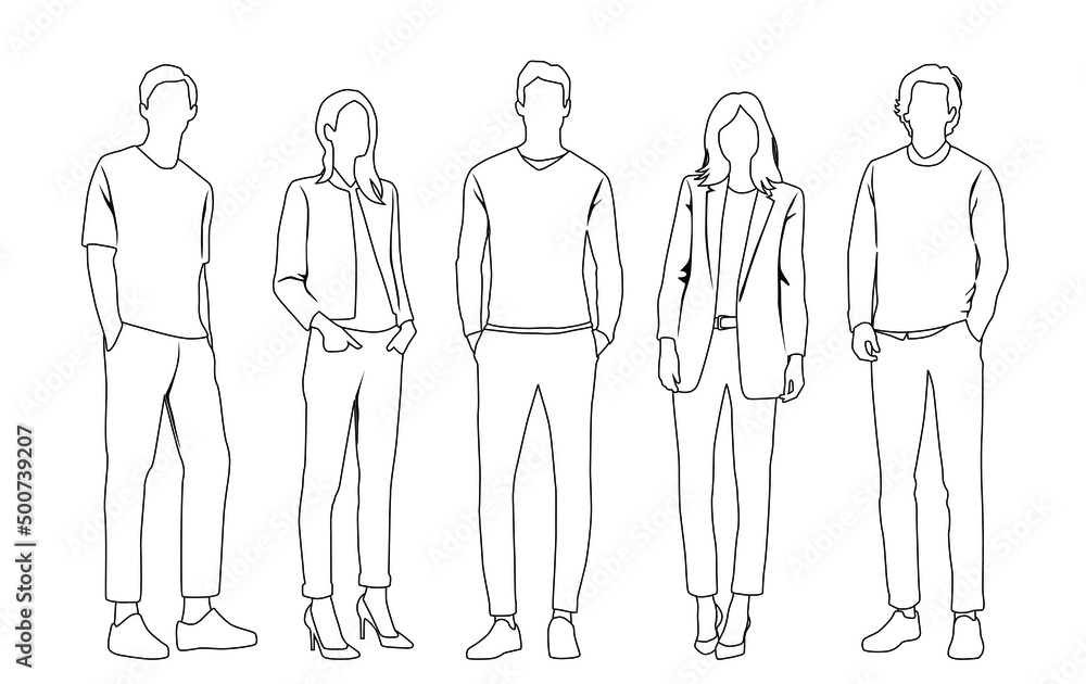 Vector silhouettes of men and a women, a group of standing business people, linear sketch, black, gray and white color isolated on white background Vector silhouettes of men and a women, a group of standing business people, linear sketch, black, gray and white color isolated on white background