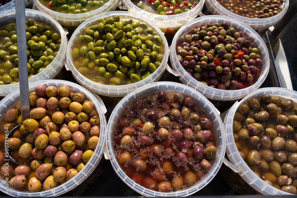 Pickled olives of different varieties at the bazaar. Pickled olives of different varieties at the bazaar.
