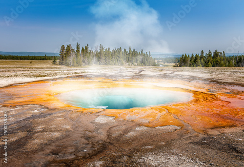 Panorama of the Turquise pool besides the Grand Prismatic Spring in the Yellowstone National Park, Wyoming