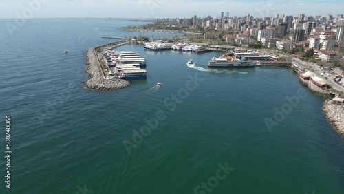 Aerial view of ferry port in Bostanci district on the Marmara Sea coast of the Asian side of Istanbul, Turkey. photo