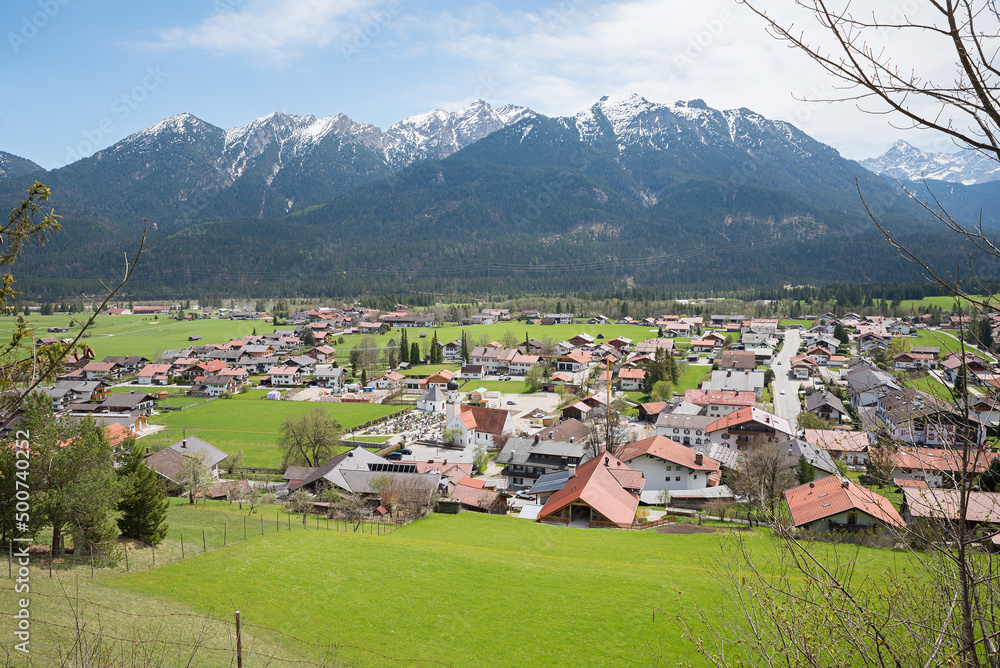view to spa town Wallgau from hiking trail, upper bavaria