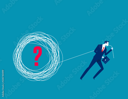 Pulling the tangled ropes with question mark. Business vector illustration concept