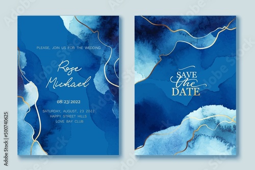 Set of elegant, romantic wedding cards, covers, invitations with shades of blue. Golden lines, splatters.