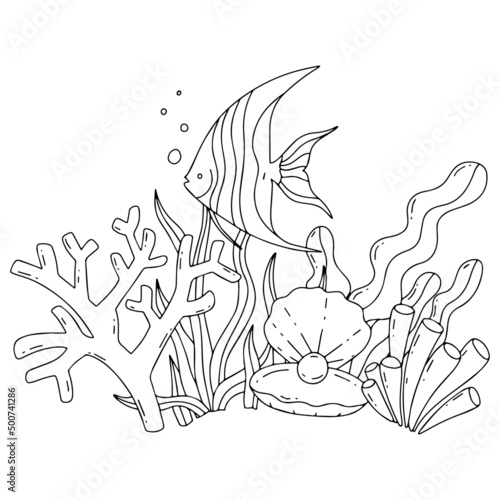 The bottom of the ocean with marine life and algae. Doodle style, hand drawn.