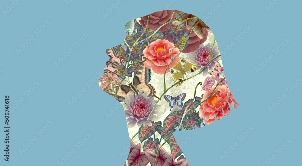 Flowers and butterfly in a women face. portrait artwork. concept art of nature and botanical. collage painting.