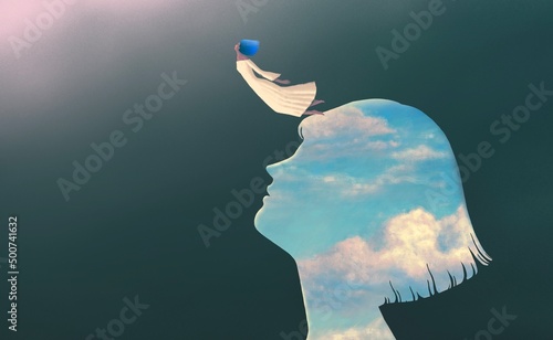 Freedom, way, and hope of women. Flying girl and the sky. Surreal art. concept idea of inspiration and motivation. 3d illustration. Conceptual artwork.