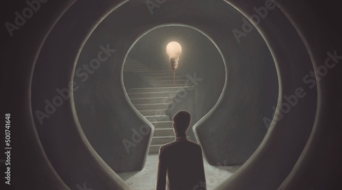 Success ambition and dream concept idea. Surreal artwork. Businessman with a stair to a light buib in a key hole gate, business background 3d illustration. painting photo