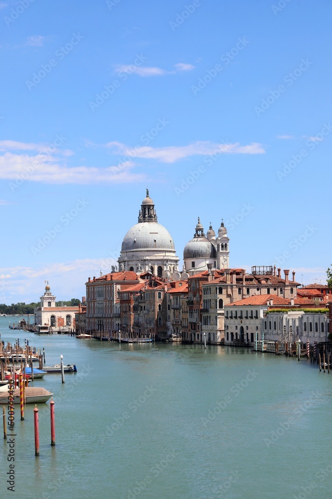 Venice in Italy and the Dome of the Church MADONNA DELLA SALUTE without boats and people during Lockdown
