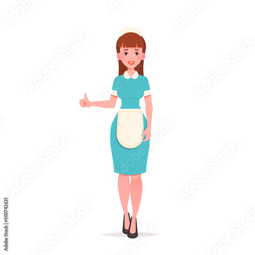 Housemaid. Female housekeepers show thumb up. Сharacters vector illustration