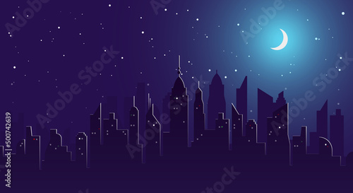 Night city skyline background. Skyscrapers on the background of the starry sky and the moon. Vector illustration