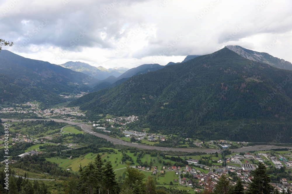 Aerial view of Sutrio Village and BUT RIVER in Northern Italy