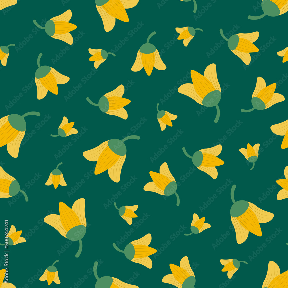 Spring seamless floral pattern - hand drawn design. Green vintage background with yellow flowers. Vector illustration. Textile endless print