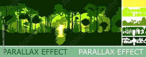 Deciduous forest silhouette with parallax effect. Summer landscape Jungle. Panoramic view. Green scenic. Foliage illustration. Vector