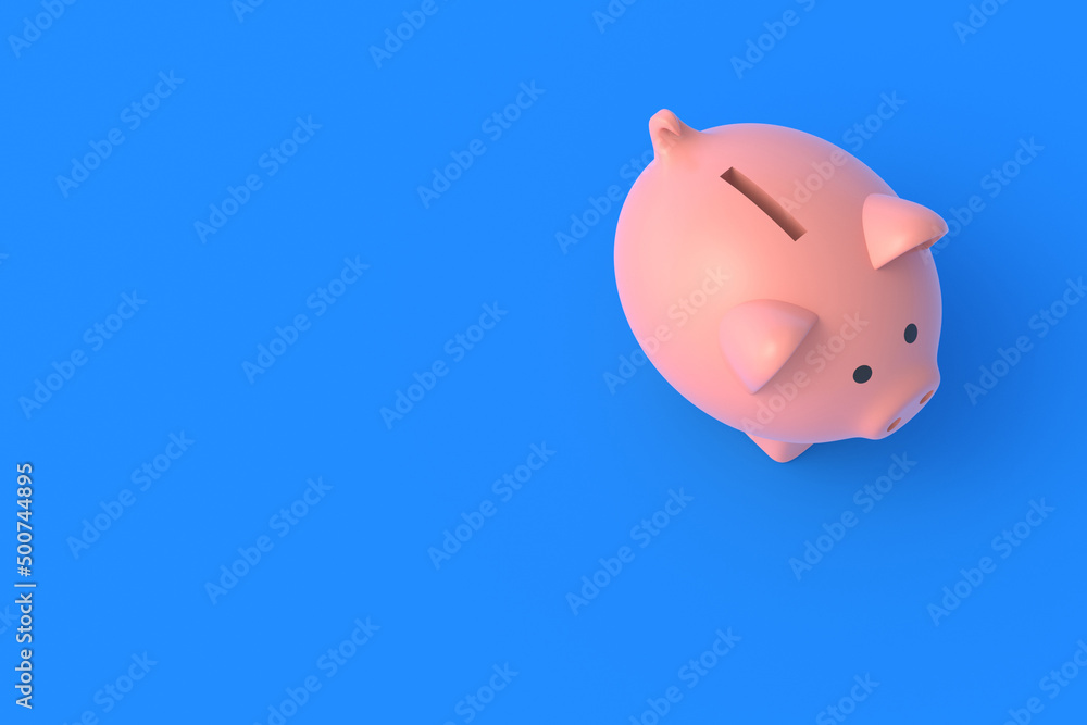 Piggy bank on blue background. Top view. Copy space. 3d render