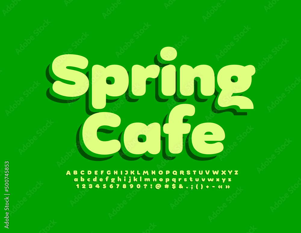 Naklejka premium Vector green emblem Spring Cafe. Trendy minimalistic Alphabet Letters, Numbers and Symbols set. 3D Simple Font