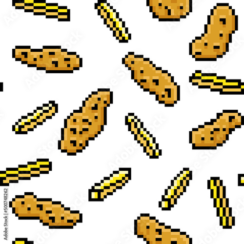 Pixel art fish and chips on white background. Fast food seamless pattern. Traditional British dish. Old school vintage retro 80s, 90s 8 bit slot machine, computer, video game graphics. 8 bit print.