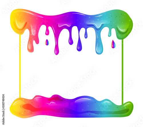  Flowing rainbow slime square frame. Dripping toxic viscous liquid on a black background. Vector cartoon illustration. 