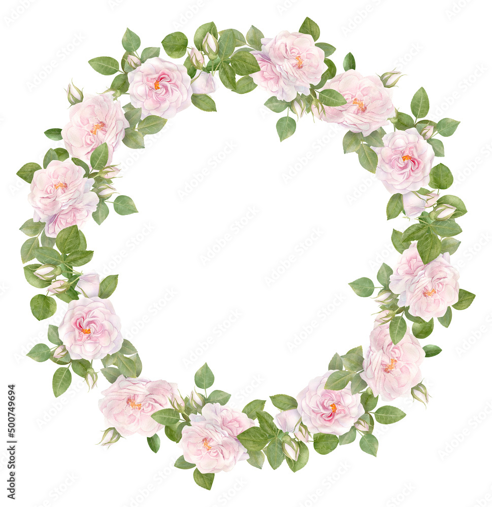 Hand drawn watercolor wreath with pink rose flowers