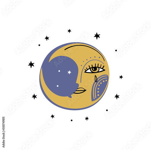 Fullcolor crescent moon with face icon. Boho moon sticker, vintage celestial illustration. Vector isolated on white background. Flat mystical design.