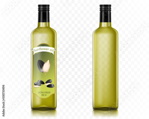 Sunflower oil glass bottle mockup. Extra virgin oil jar. Food cooking product, organic vegetarian diet. Vegetable oil brand jar with black cork. Realistic 3d vector