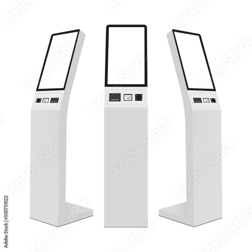 Modern Touch Screen Payment Terminal, Digital Kiosk, Front and Side View, Isolated on White Background. Vector Illustration