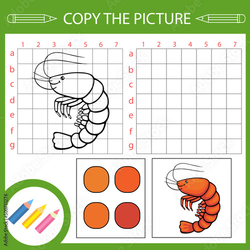 Kids activity page. Copy drawing of shrimp. Vector draw worksheet with funny riddle. Education game with sea animals. Children art lesson. 