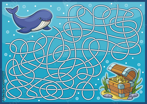 Maze game for kids with cute cartoon whale. Printable children puzzle worksheet and activity page. Labyrinth with road to treasure of pirate chest with coins. Sea underwater vector illustration.