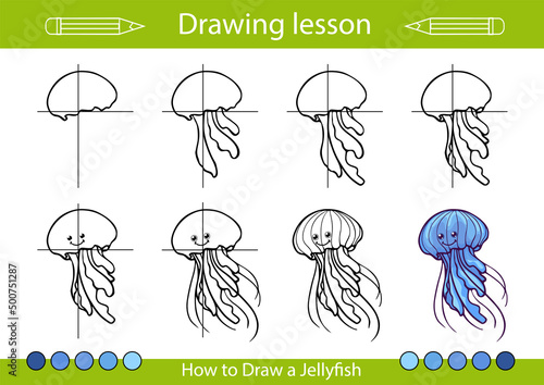 Drawing tutorial step by step lesson. How to draw a jellyfish? Educations worksheet and activity page. Vector illustration for children art.