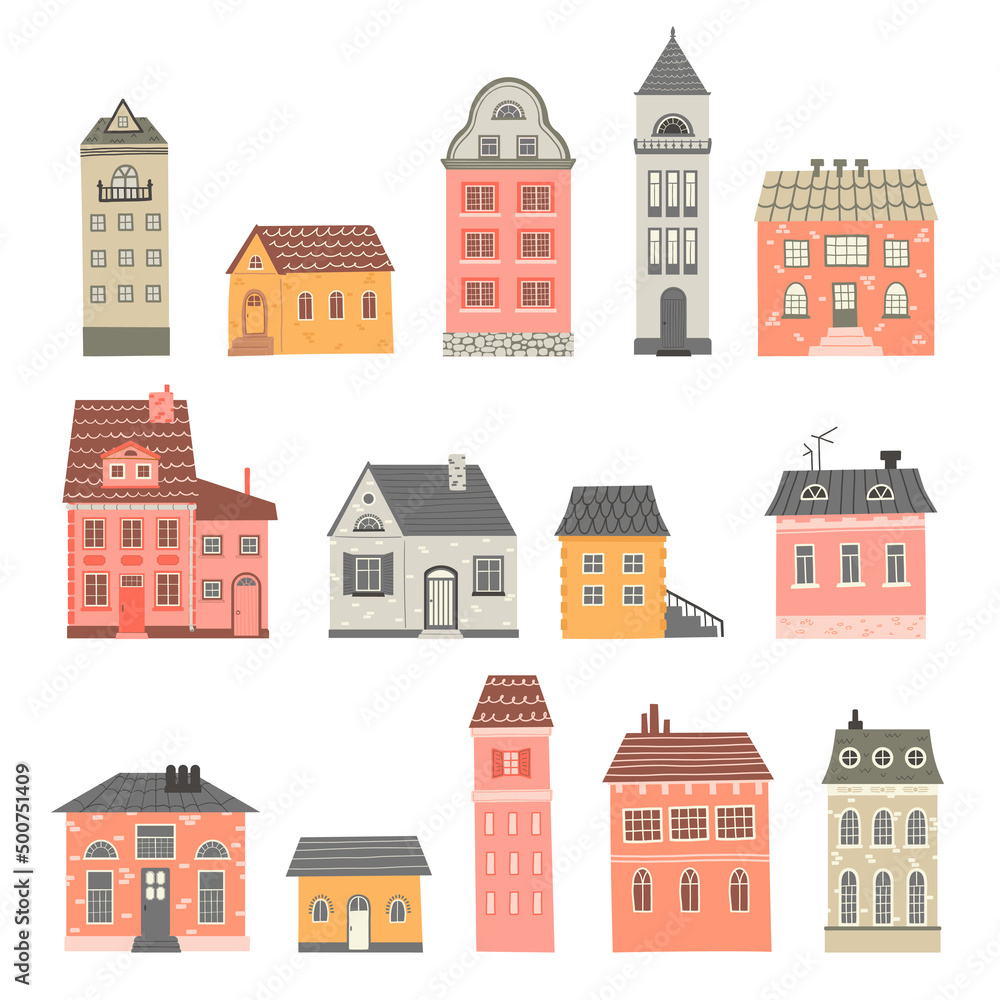 Set colorful cute houses in flat style. Illustration city buildings in flat style. Clipart of various houses on white background. Vector
