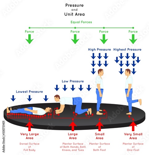 Pressure and Unit Area Infographic Diagram example man in different body positions standing on one foot both feet crawling laying on the floor force equal contact area physics science education vector