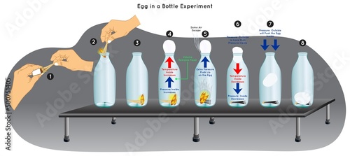 Egg in a Bottle Experiment Infographic Diagram egg pushed inside due to difference in air pressure according to ideal gas law temperature pressure increase volume fix physics science education vector