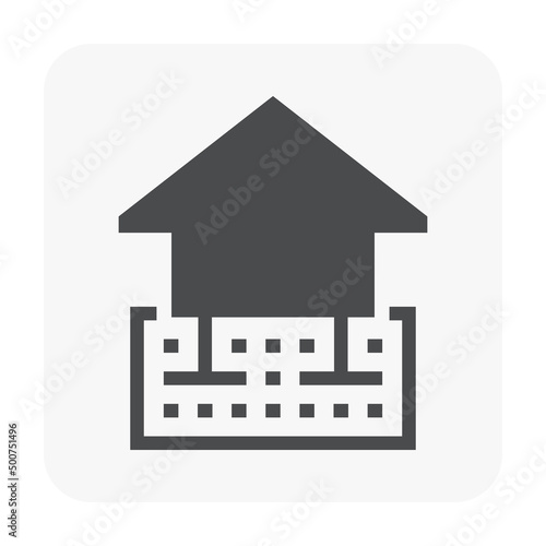 Home or house building and foundation or footing at cross section view vector icon. Shallow spread type. Include soil, column. Concrete structure at below, underground. Analysis by civil engineering.