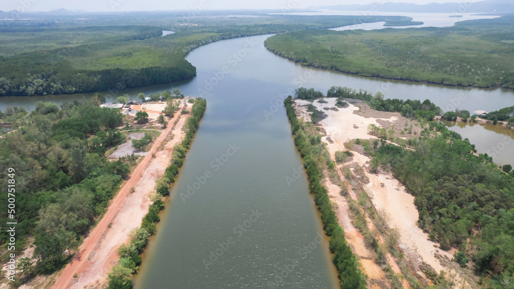 A bird's-eye view of the mangrove forest from a drone. A bird's-eye view of the mangrove forest from a drone.