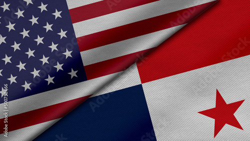 3D Rendering of two flags from United States of America and Republic of Panama together with fabric texture, bilateral relations, peace and conflict between countries, great for background