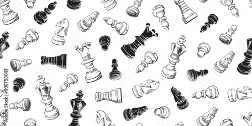 Chess pieces black and white seamless pattern. Sketch. Vector hand-drawn background