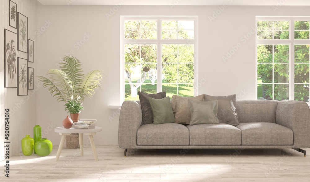 White living room with sofa and summer landscape in window. Scandinavian interior design. 3D illustration White living room with sofa and summer landscape in window. Scandinavian interior design. 3D illustration