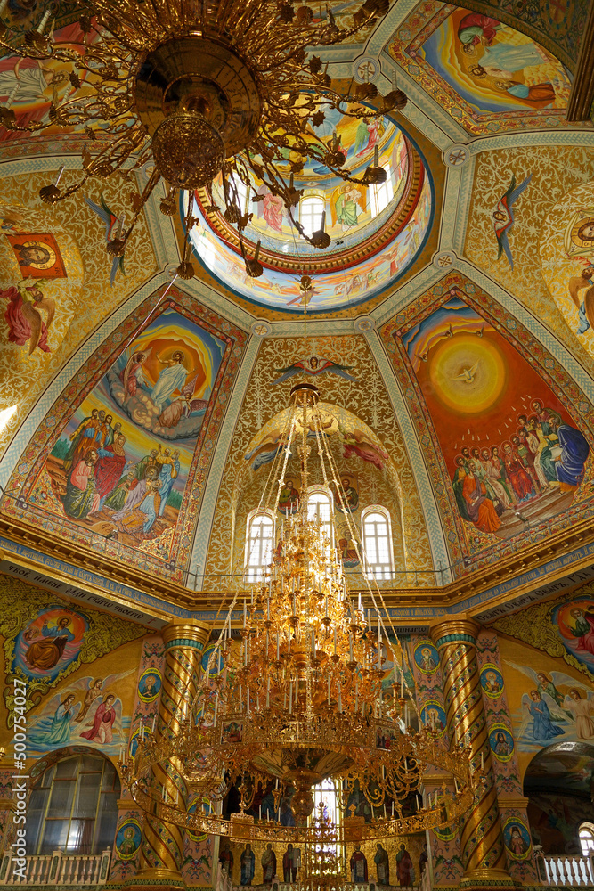 Pochayiv, Ukraine - interior decoration of the cathedral in the Pochaev Lavra. Interior of Holy Dormition Pochayiv Lavra, Ukraine. May 2021