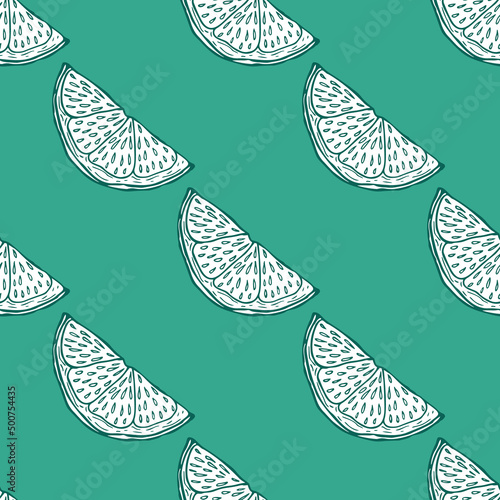 Seamless pattern engraved slice lemon. Vintage background piece lemon or lime in hand drawn style.
