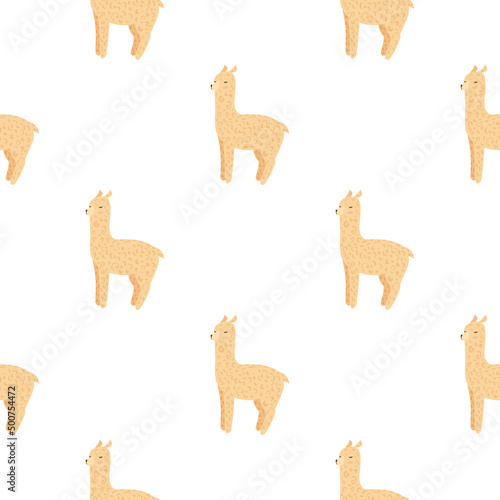 Cheerful alpaca seamless pattern. Background with funny llama in doodle style for fabric.