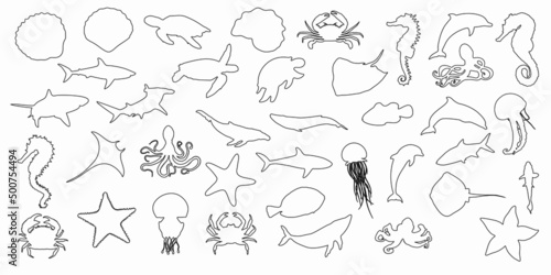 Collection set of black outline silhouettes of fish, seahorse, shells, octopuses, dolphins, sharks, whales, crabs and stingrays on a white background. Vector clipart