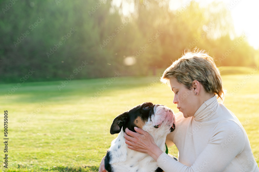 woman hugging with English bulldog on a lawn on a warm sunny spring day. Space for text. woman hugging with English bulldog on a lawn on a warm sunny spring day. Space for text.