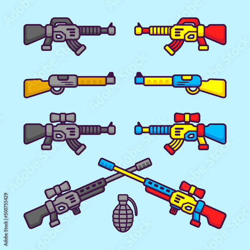 Set of Weapon in Cartoon. Military Kit Vector Illustration. Flat Style Concept.