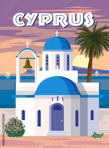 Cyprus Poster Travel, Greek white church with blue roofs, poster, old Mediterranean European culture and architecture