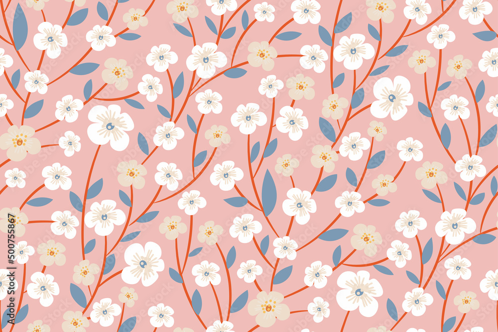 Beautiful spring seamless floral pattern. Creative colorful botanical print in a trendy color palette with flowering branches. Abstract flowers on a pink pastel background. Vector illustration.
