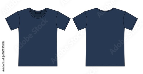 Blank t shirt outline sketch. Dark bue color. Apparel t-shirt CAD design.