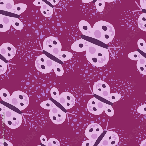 Cute butterfly seamless pattern. Doodle flying insect endless wallpaper. Naive art style.