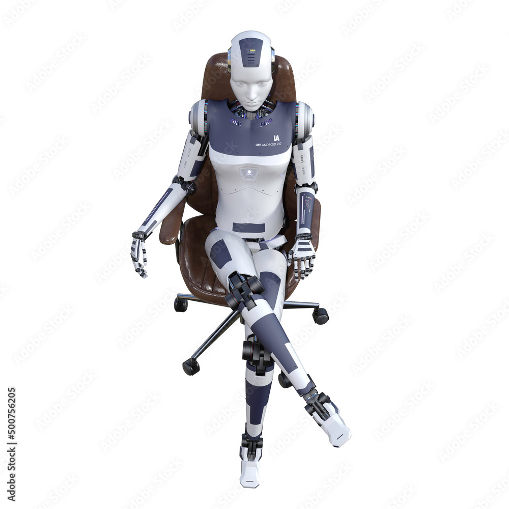 Robot woman sitting on an office chair, isolated on white background. Artificial intelligence concept, future of new office technology. 3d rendering-illustration. Robot woman sitting on an office chair, isolated on white background. Artificial intelligence concept, future of new office technology. 3d rendering-illustration.