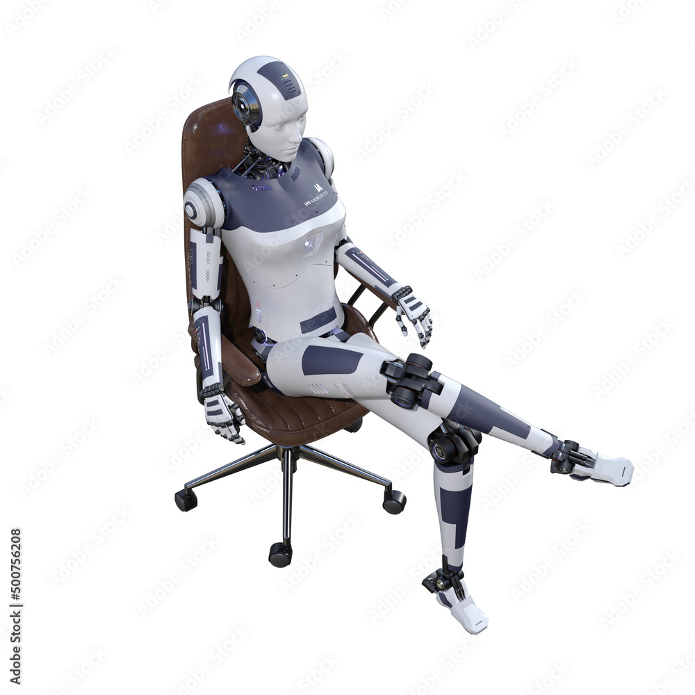 Robot woman sitting on an office chair, isolated on white background. Artificial intelligence concept, future of new office technology. 3d rendering-illustration. Robot woman sitting on an office chair, isolated on white background. Artificial intelligence concept, future of new office technology. 3d rendering-illustration.