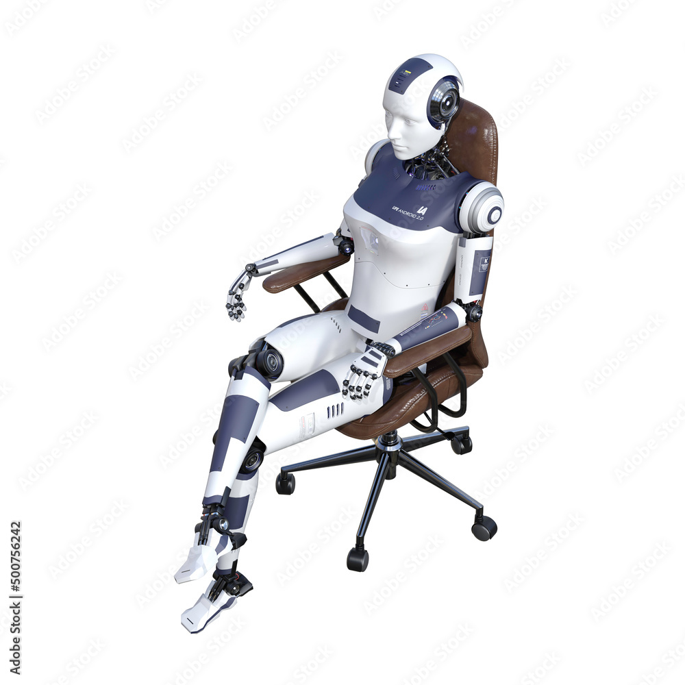 Robot woman sitting on an office chair, isolated on white background. Artificial intelligence concept, future of new office technology. 3d rendering-illustration. Robot woman sitting on an office chair, isolated on white background. Artificial intelligence concept, future of new office technology. 3d rendering-illustration.