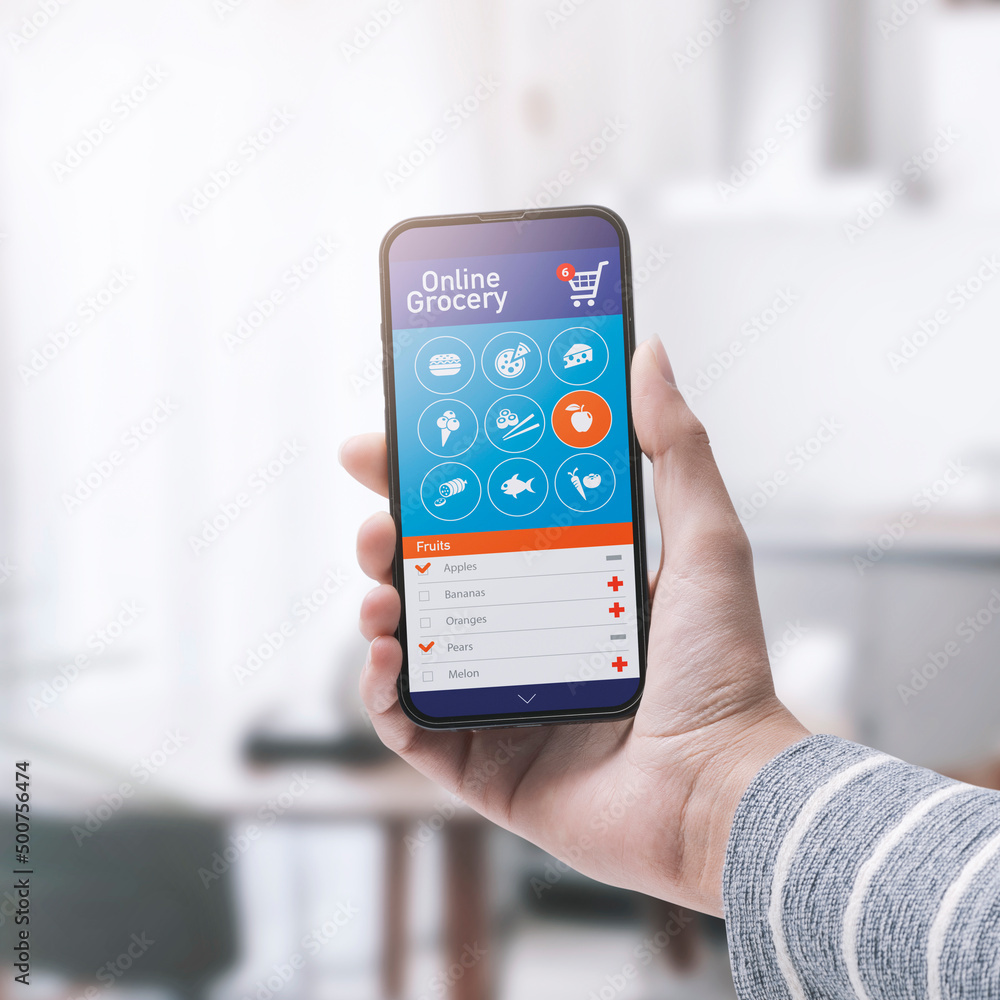 Online grocery shopping app on a smartphone Online grocery shopping app on a smartphone